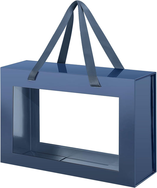 Large Navy Blue Clear Gift Box, 13.5x9x4.1 Inches Gift Box with Window by Handle, Groomsman Proposal Box, Collapsible Gift Box with Magnetic Closure (Glossy Navy Blue, 1 Pack)