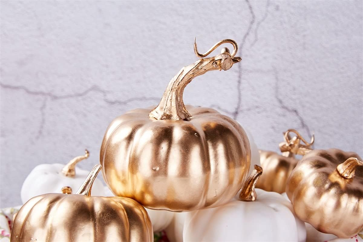 Artmag 16 Pcs Assorted Fall Artificial Pumpkins Harvest White Faux Pumpkins and Gold Plating Pumpkins for Halloween Fall Thanksgiving Decorating Displaying