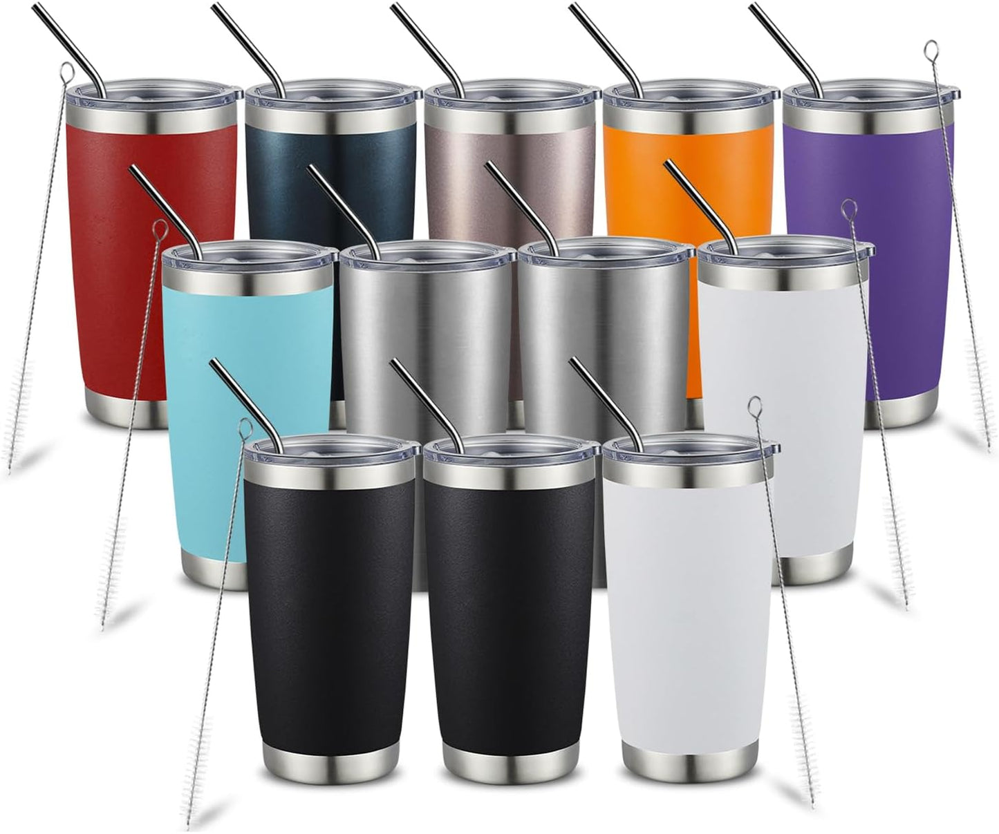 COMOOO 20oz Tumbler with Straw Stainless Steel Insulated Coffee Tumbler Cups Double Wall Vacuum Travel Coffee Mug with Splash Proof Sliding Lid for Hot Cold Drinks (Mix Color,12 Pack)