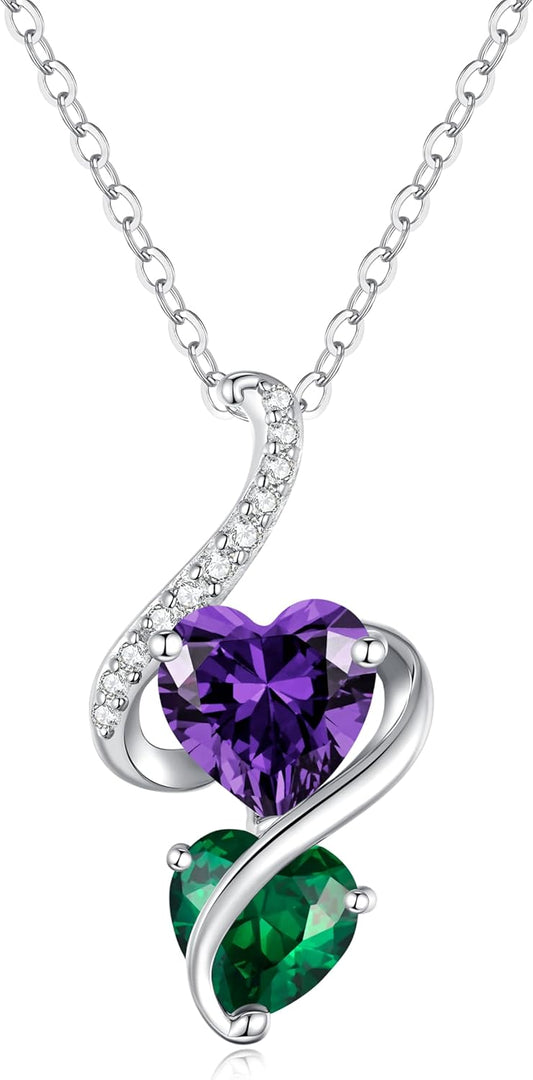 LOUISA SECRET Unique Double Heart Necklace Gifts for Wife Women, 925 Sterling Silver Tiny Birthstone Pendant Jewelry Gift for Her Girlfriend Mom Valentine's Day Anniversary Mother's Day Birthdays & Christmas
