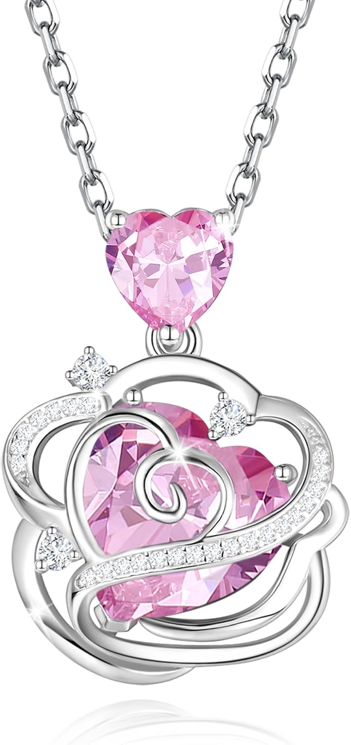 FANCIME Thornless Pulse Birthstone Necklace for Women Sterling Silver Rose Pendant Fine Jewelry Gemstone Birthday Christmas Gifts for Wife Her