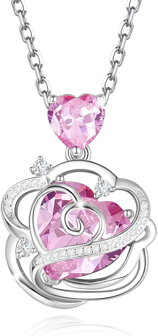 FANCIME Thornless Pulse Birthstone Necklace for Women Sterling Silver Rose Pendant Fine Jewelry Gemstone Birthday Christmas Gifts for Wife Her