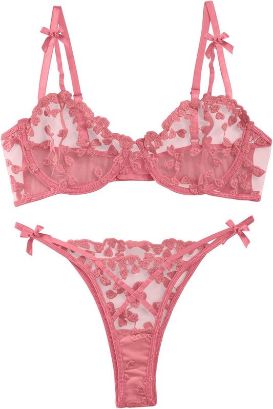 Lilosy Sexy Underwire Cute Push Up Strappy Embroidered Mesh Sheer Lingerie Set See Through Panty Bra