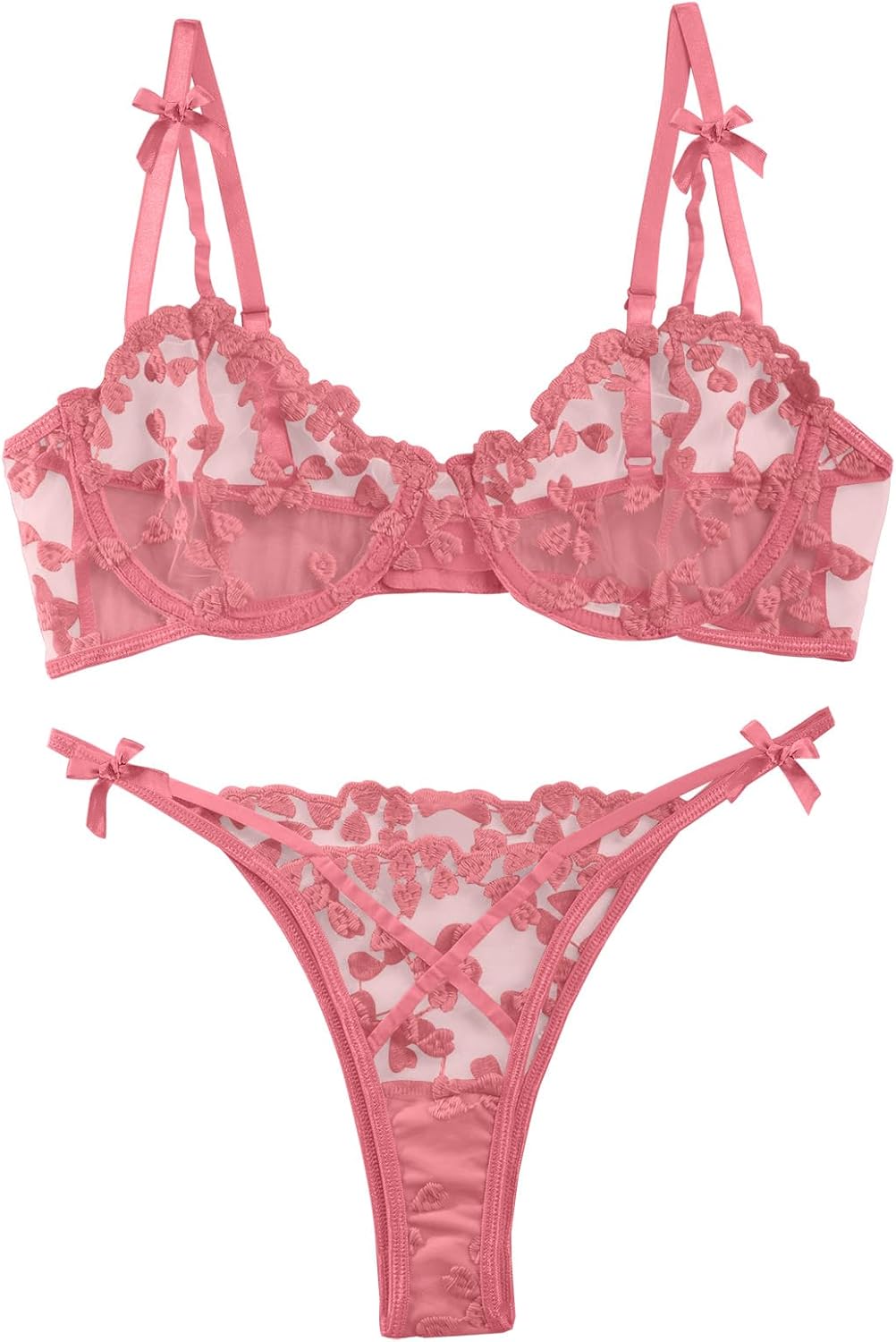 Lilosy Sexy Underwire Cute Push Up Strappy Embroidered Mesh Sheer Lingerie Set See Through Panty Bra