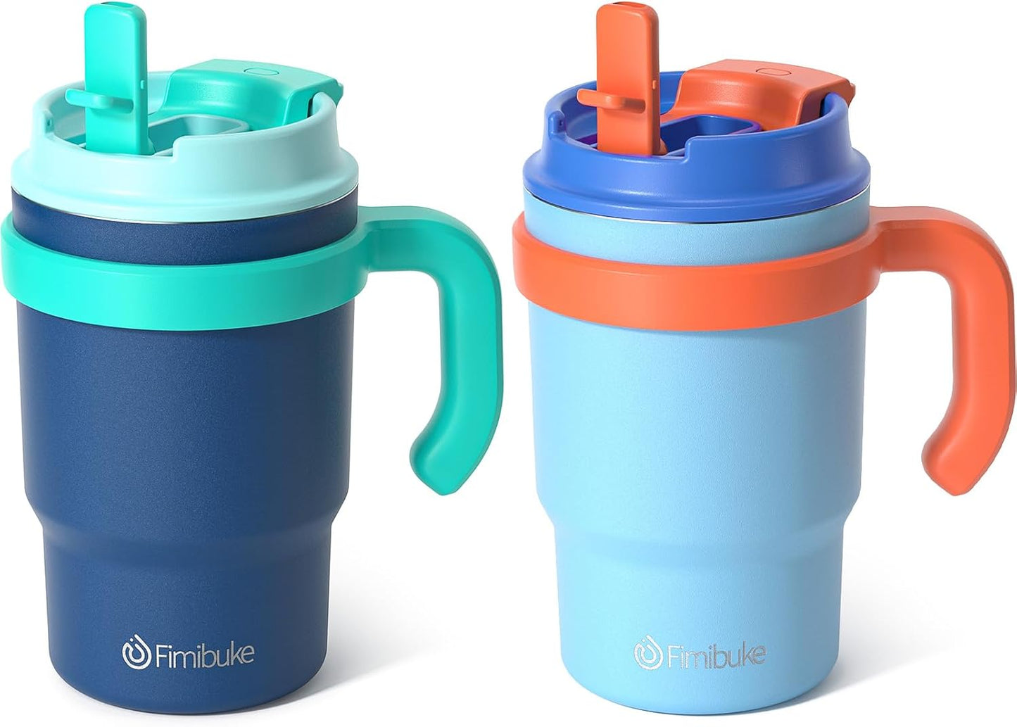 Fimibuke 16oz Kids Insulated Tumbler with Handle & Straws - 2 Pack BPA FREE 18/8 Stainless Steel Toddler Cups with Sip/Swig 2-in-1 Lids, Leak Proof Kid Drinking Cup Travel Mugs for Children Boys Girls