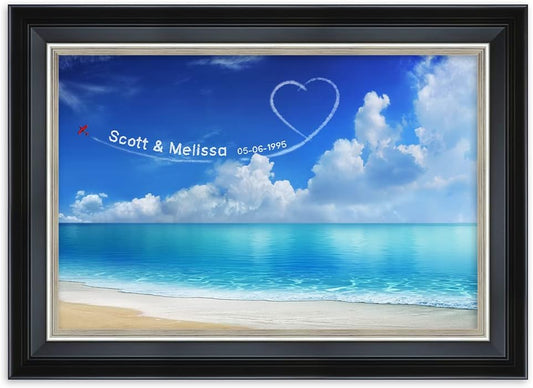 IPIC - Seaside Skywriting Personalized Framed Wall Art with Names and Date on, Giclee Prints with Solid Wood Frame, Customized Gift and Memorial Gifts for Wedding Anniversary.