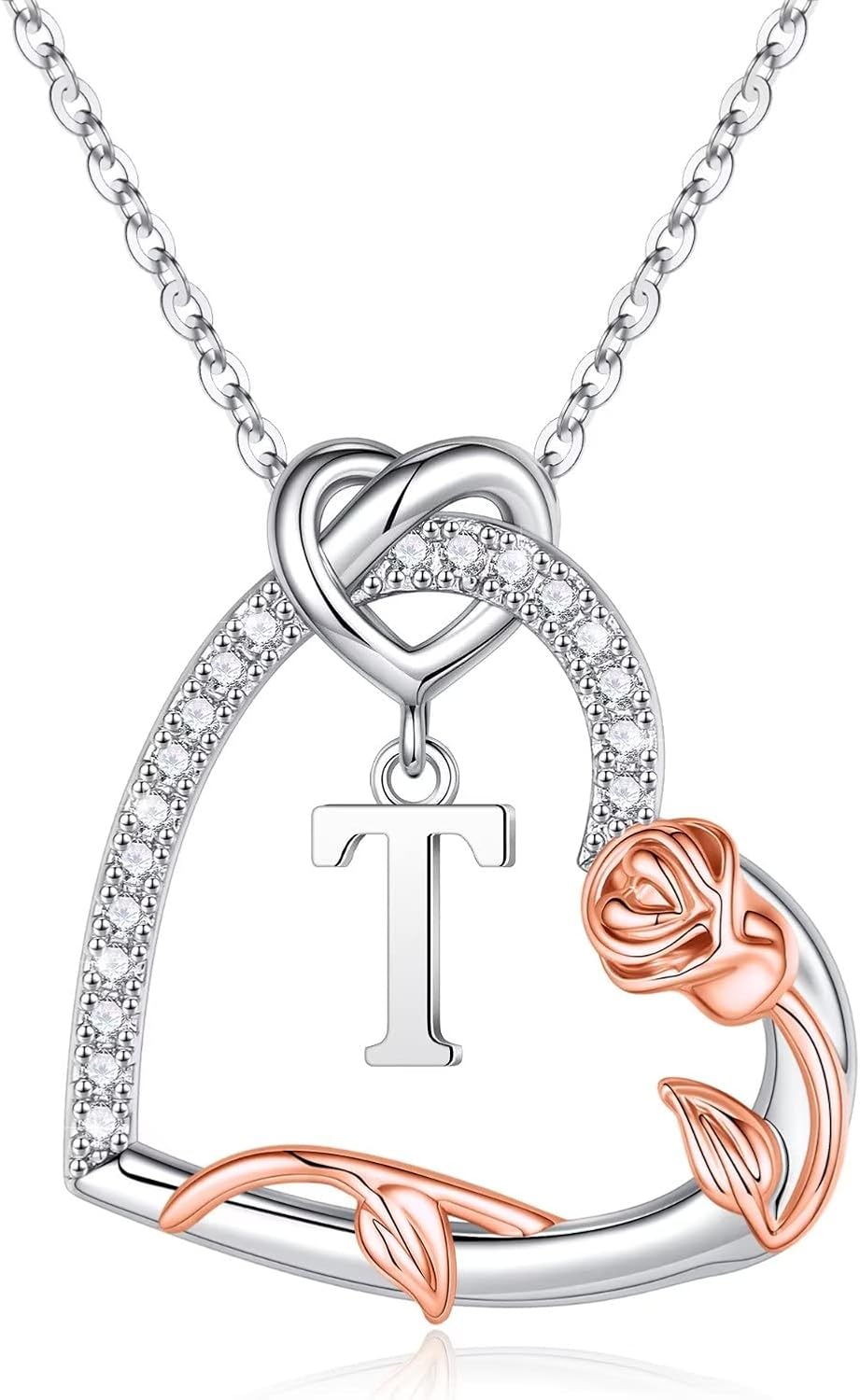 Iefil Rose Heart Necklaces Gifts for Women - 925 Sterling Silver Heart Initial Necklaces, Anniversary Birthday Gifts, Women Jewelry Gift for Wife Girlfriend Mom Daughter Her