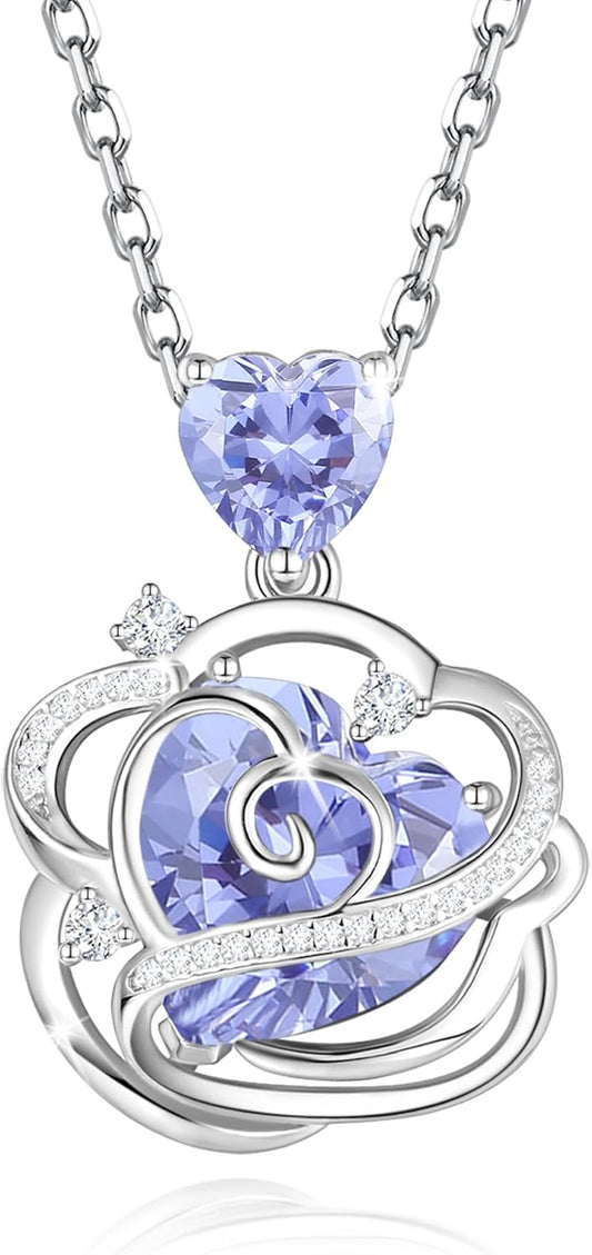 FANCIME Thornless Pulse Birthstone Necklace for Women Sterling Silver Rose Pendant Fine Jewelry Gemstone Birthday Christmas Gifts for Wife Her