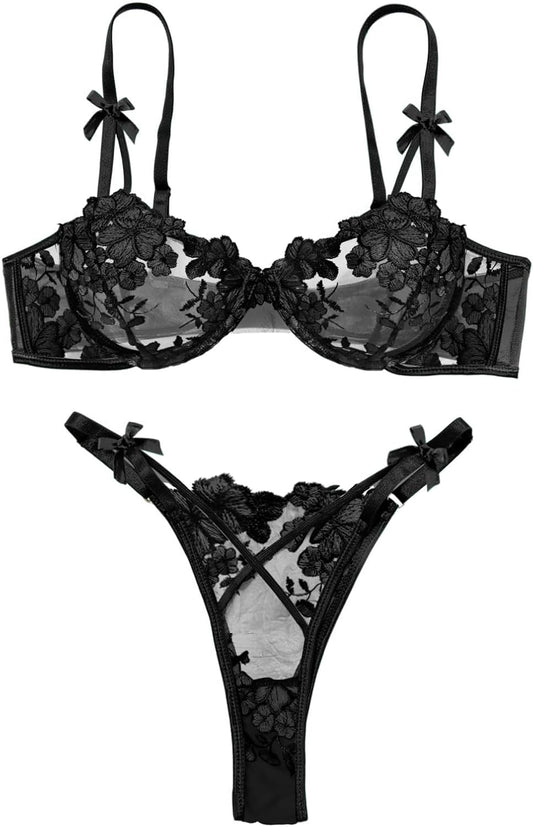 Lilosy Sexy Underwire Cute Push Up Strappy Embroidered Mesh Sheer Lingerie Set See Through Panty Bra