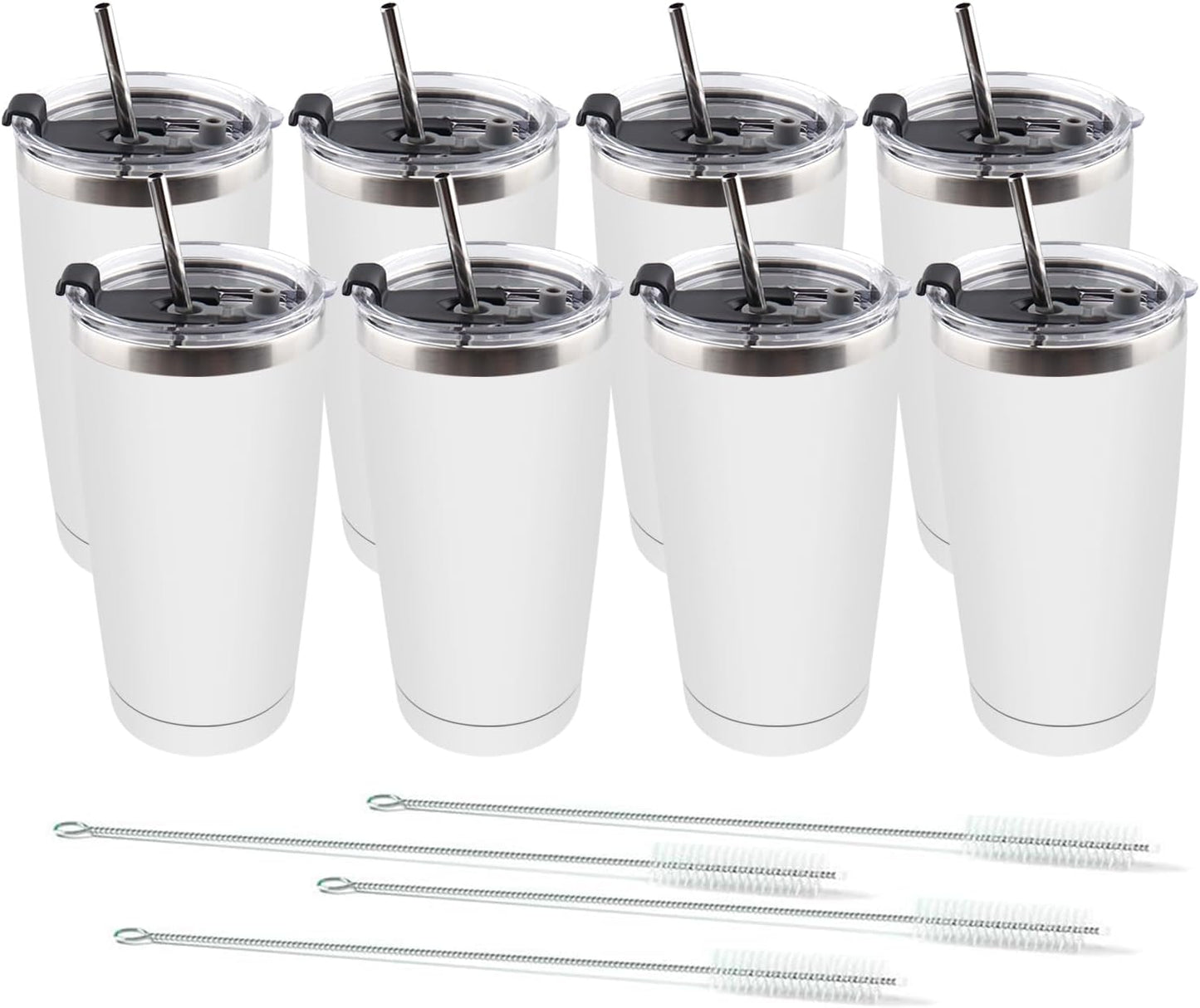 Amtidy 8 Pack 20oz Stainless Steel Tumbler with Lid, Powder Coated Vacuum Insulated Tumbler Cup, With straw and cleaning brushDouble Wall Coffee Tumbler, Powder Coated Travel Mug