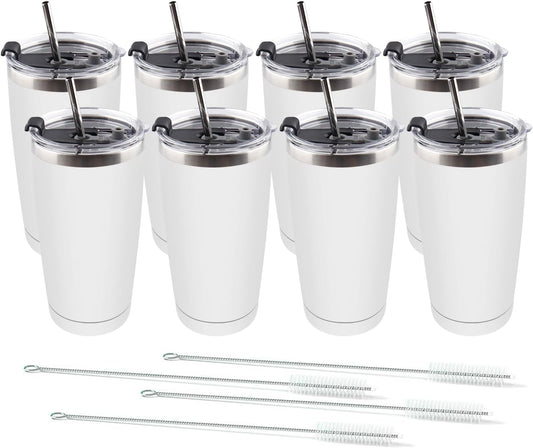 Amtidy 8 Pack 20oz Stainless Steel Tumbler with Lid, Powder Coated Vacuum Insulated Tumbler Cup, With straw and cleaning brushDouble Wall Coffee Tumbler, Powder Coated Travel Mug