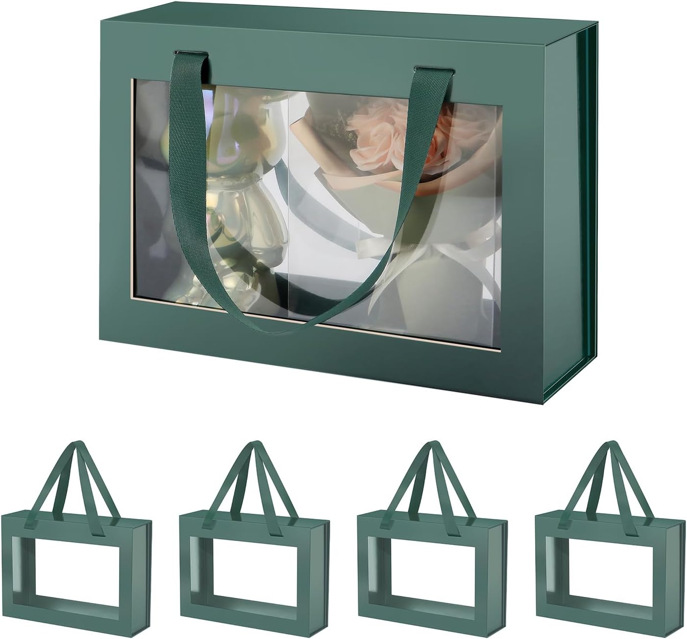 JINGUAN 5 Green Gift Boxes with Windows, Gift Boxes with Lids and Handles, Clear Magnetic Gift Boxes for Presents, Bridesmaid Proposal Boxes (10.5x7.5x3 Inches