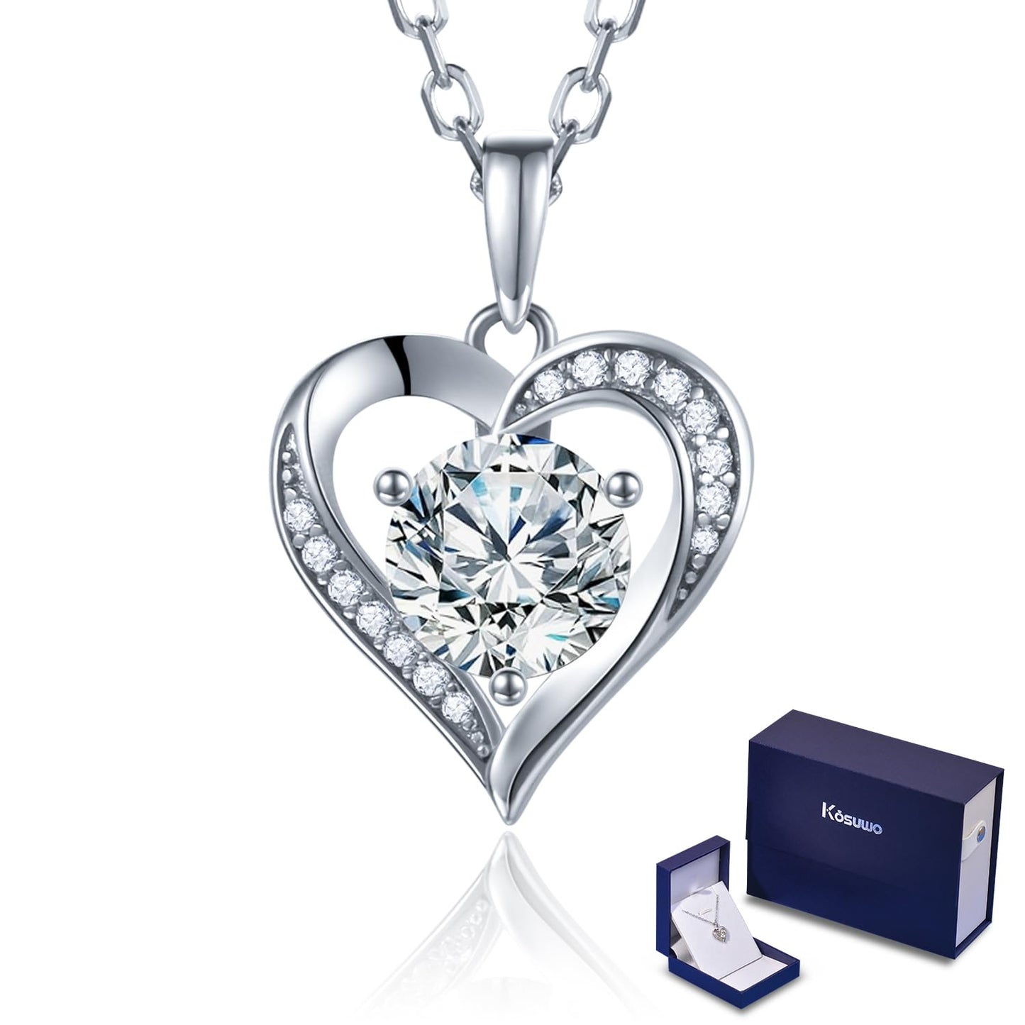 Moissanite Necklace for Women 1.0ct D Color,18K White Gold Plated Sterling Silver Heart Necklace, Anniversary Gifts for Women, Making It A Perfect Gift for Your Wife, Girlfriend, Mom