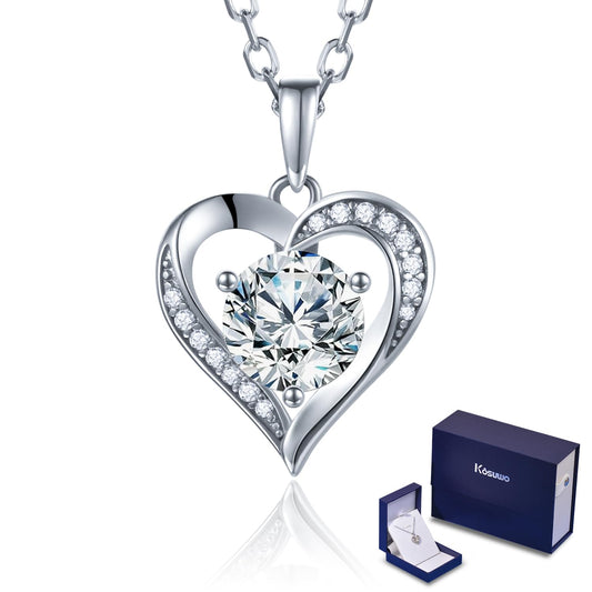 Moissanite Necklace for Women 1.0ct D Color,18K White Gold Plated Sterling Silver Heart Necklace, Anniversary Gifts for Women, Making It A Perfect Gift for Your Wife, Girlfriend, Mom