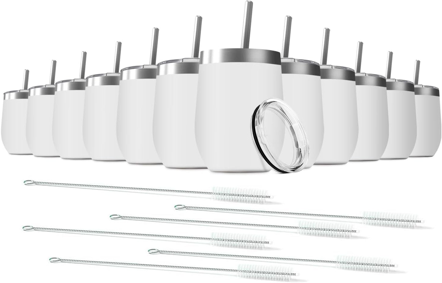 12oz Wine Tumbler with Lid With straw Stainless Steel Wine Tumbler Cups Double Wall Vacuum Insulated Travel Mugs Stemless Cup 12 Pack (White)