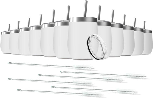 12oz Wine Tumbler with Lid With straw Stainless Steel Wine Tumbler Cups Double Wall Vacuum Insulated Travel Mugs Stemless Cup 12 Pack (White)