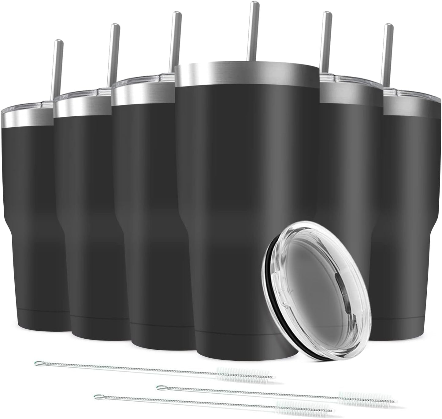 30oz Stainless Steel Travel Mug with Lid, 6 Pack Double Wall Vacuum Insulated Bulk Tumbler with 6 Straws, Powder Coated Coffee Cup Suitable for Vehicle Cup Holders(Black)