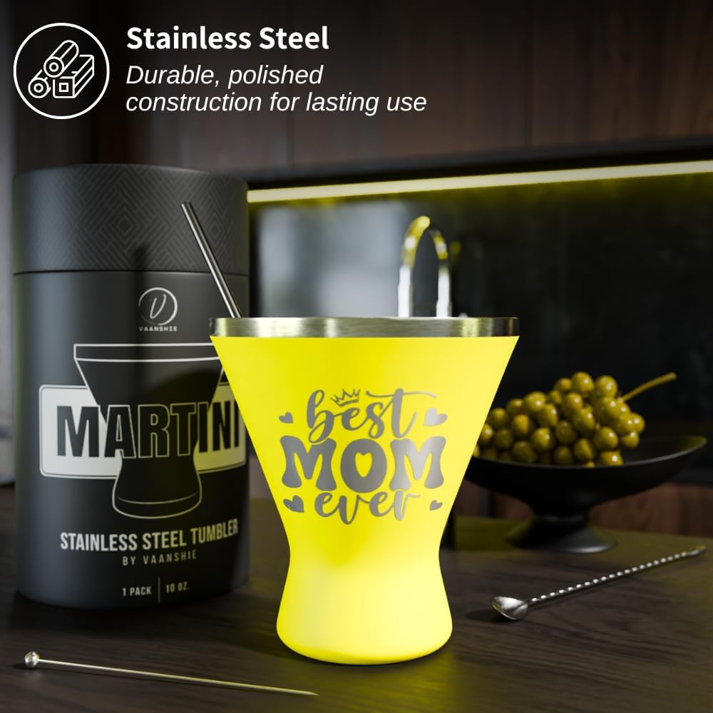 Mothers Day Gifts For Mom - Best Mom Ever Stainless Steel Martini Glass [Yellow, 10oz, Pack of 1] - Powder - Coated, Double Wall Margarita Cup - Birthday, Mother's Day, New Mom Gifts for Women