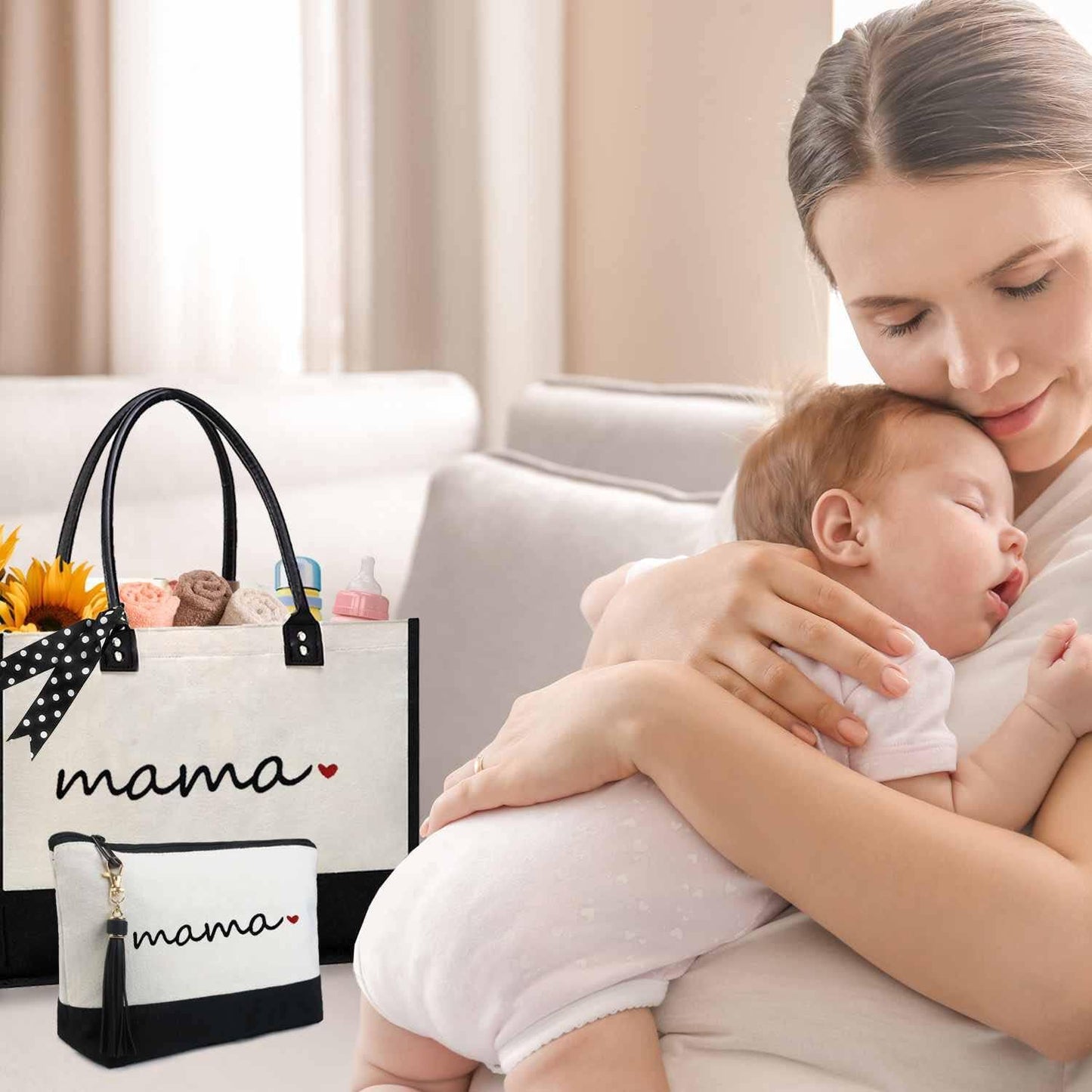 BeeGreen Personalized New Mom Gifts w 3 Inner Pouch, Mother’s Day Birthday Pregnancy Gift Canvas Tote Bag w Leather Handle & Magnetic Buckle for Expecting Mom