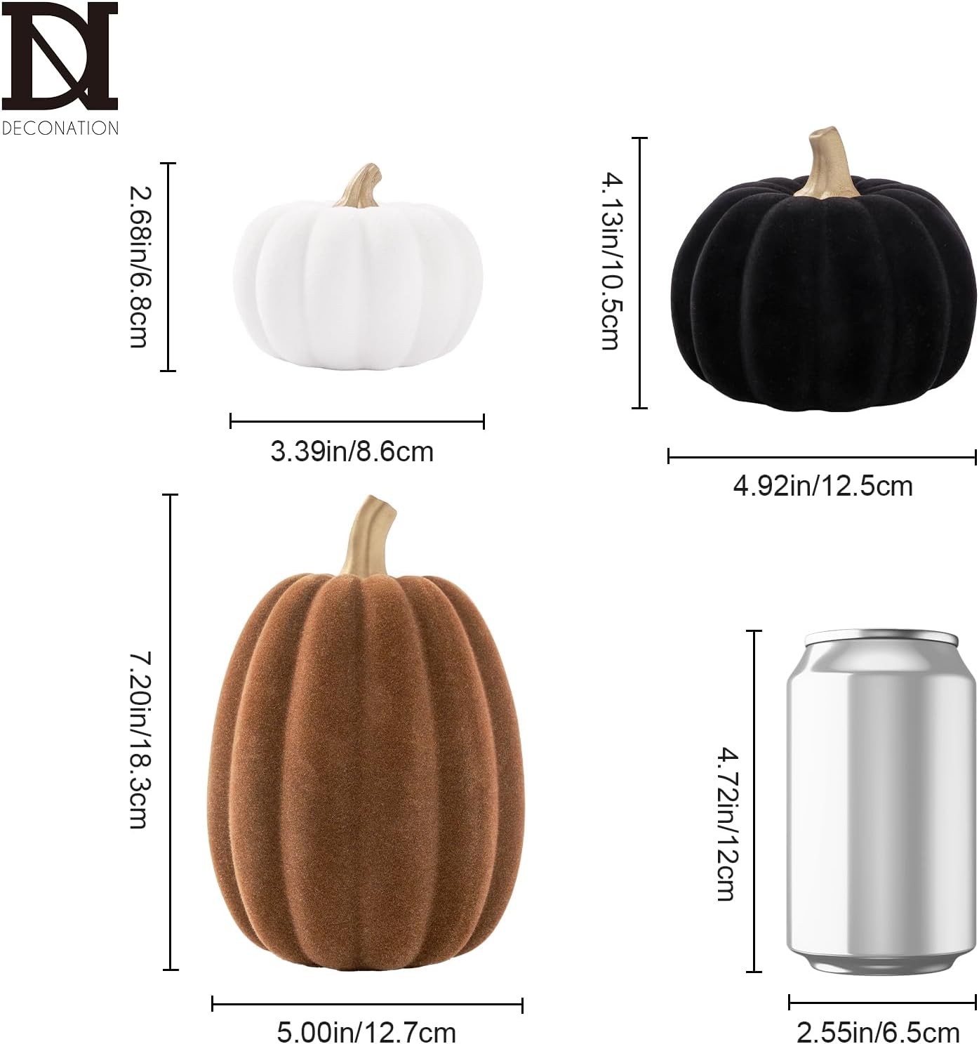 DN DECONATION 3 Pcs Fall Pumpkin Decorations – Flocked White Brown Black Resin Pumpkins Figurines for Autumn Thanksgiving Halloween Decoration, Faux Artificial Pumpkin for Home Table Mantel Decorating