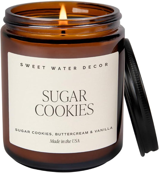 Sweet Water Decor Sugar Cookies Soy Candle - Buttercream Frosting, Vanilla, Sugar Cookie Scented for Home - Sweet Christmas Candle - 9oz Amber Jar + Black Lid, 40+ Hour Burn Time, Made in The USA