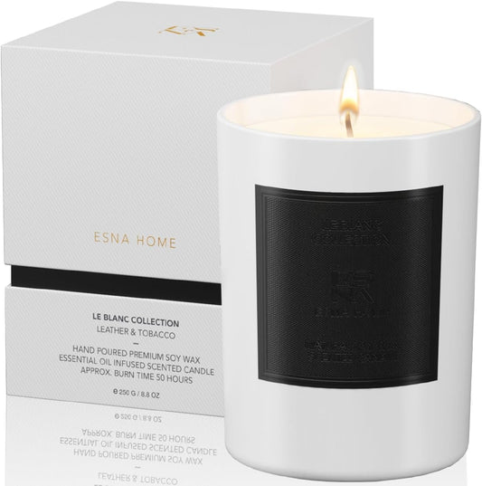 Christmas Premium Aromatherapy Scented Candles by Leblanc (Leather & Tobac) | 8.8oz Natural Essential Oil Soy Votives | 50H Long Burn | Matching Gift Box for Her