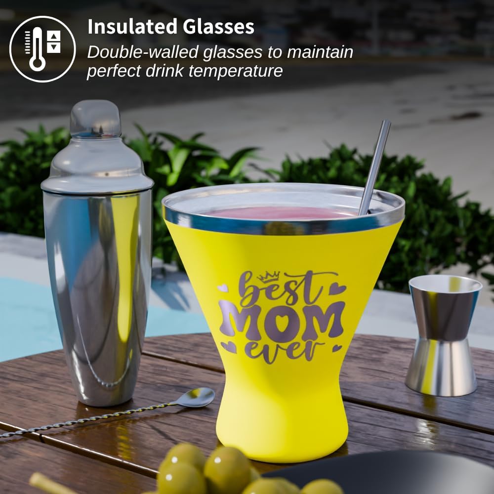 Mothers Day Gifts For Mom - Best Mom Ever Stainless Steel Martini Glass [Yellow, 10oz, Pack of 1] - Powder - Coated, Double Wall Margarita Cup - Birthday, Mother's Day, New Mom Gifts for Women