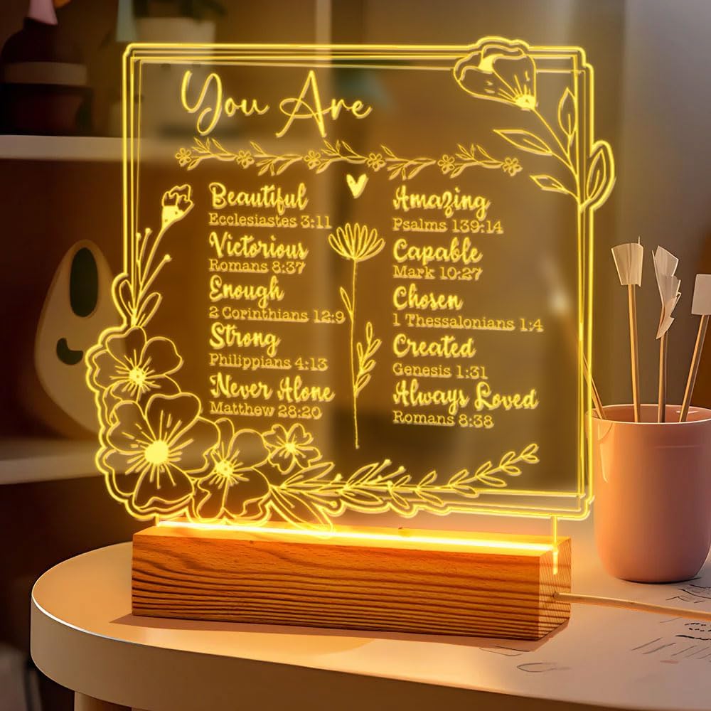 You are Beautiful Led Night Lamp - USB Powered Lamp with Wooden Base - Christian Mom Christmas Gifts Plaque Engraved with Touching Words, Birthday Gifts for Mom Birthday