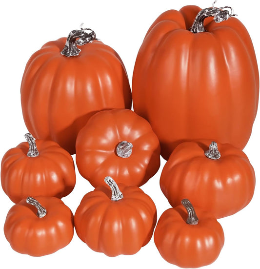 Artmag 8 Pcs Assorted Sizes Harvest Orange Artificial Pumpkins for Fall Halloween Thanksgiving Seasonal Holiday Decorating Embellishing and Displaying Dark Orange