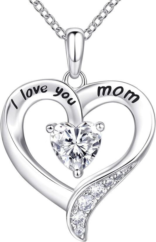 Mom Necklace 925 Sterling Silver Heart Necklaces for Women Engraved I Love You You Mom Gifts for Mom From Daughter