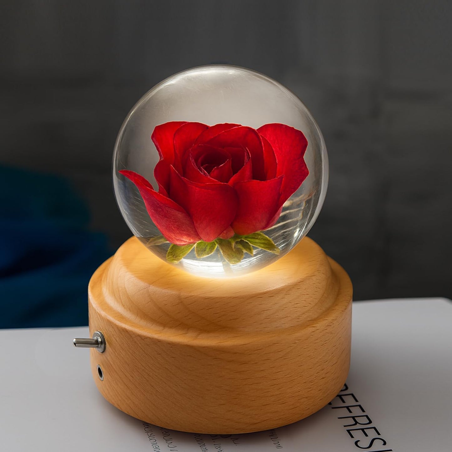 8cm Diameter Wood Mechanism Red Rose Music Box with Night Light You are My Sunshine Romantic Musical Table lamp Gift for Girls and Women mom Birthday Anniversary Valentine's Day Mother's Day