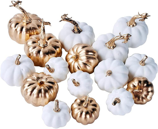 Artmag 16 Pcs Assorted Fall Artificial Pumpkins Harvest White Faux Pumpkins and Gold Plating Pumpkins for Halloween Fall Thanksgiving Decorating Displaying