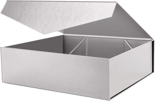 PACKHOME 17x14.5x5.5 Inches, Extra Large Gift Box with Lid, Magnetic Closure Box for Clothes and Large Gifts (Glossy Silver with Grass Texture)