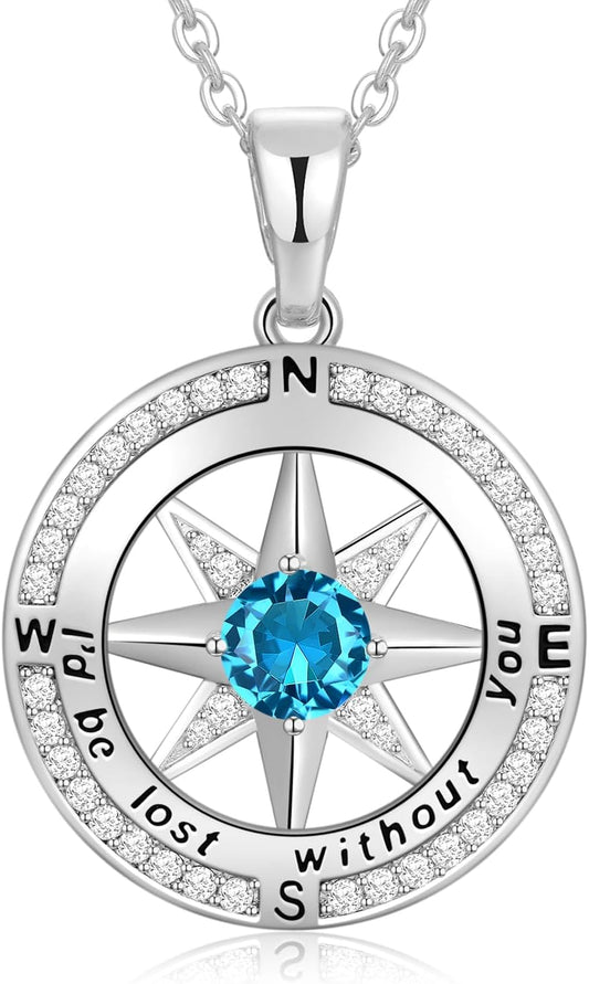 Peeshow Gifts for Women Wife-Compass Birthstone Necklace Gift for Wife Birthday Wedding Anniversary Women Jewelry for Her Girlfriend S925 Sterling Silver