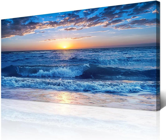 Wapluam Large Canvas Wall Art - Modern Decor for Living Room, Bedroom, Office - Ocean Beach Scene - Blue Sea View - Framed Prints - 24" x 48"