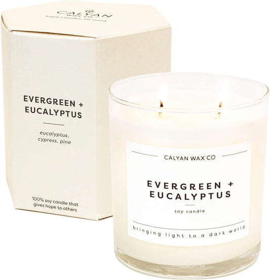 Calyan Wax Co. 심지 캔들 2개, 에버그린 + 유칼립투스 향초, 연소 시간 37시간, 아로마테라피 소이 캔들, 무독성 및 비건 소이 왁스, 유리 텀블러 향초, 354.4g(12.5온스)