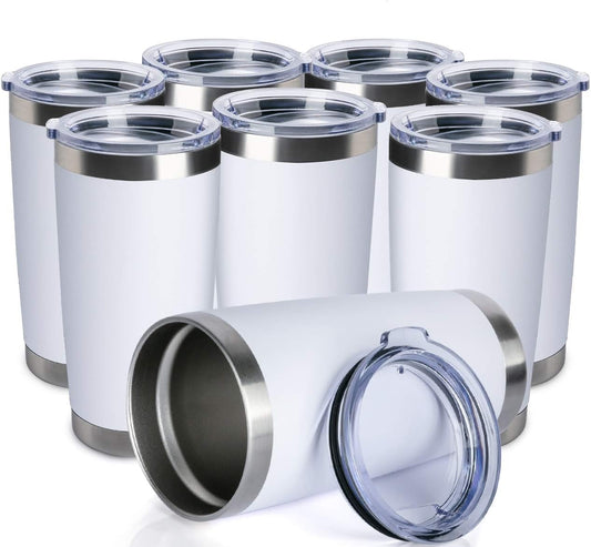 8 pack 20 OZ Double Wall Stainless Steel Vacuum Insulated Tumbler Coffee Travel Mug With Lid, Durable Powder Coated Insulated Coffee Cup for Cold & Hot Drinks (White, 8 pack)