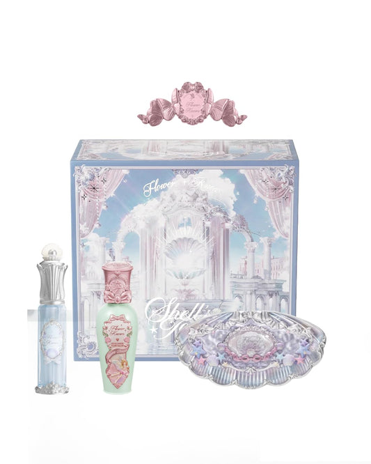 Flower Knows Seashell Fairytales 5 Pack Makeup Gift Set,Lip Glaze*1+Lip Gloss*1+Eyeshadow*1+Hair Clip*1+Gift Box*1,Perfect Makeup Gift for Girls & Women