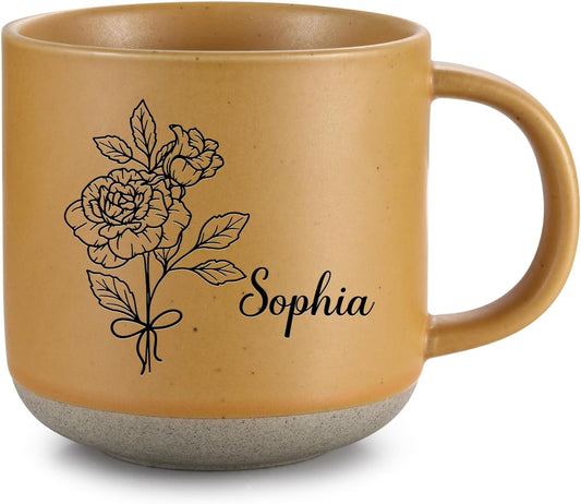 Personalized Coffee Mug, Custom Ceramic Mugs with Birth Flower and Name, Customized Tea Cup for Men & Women Birthday Anniversary Wedding Christmas (Yellow)