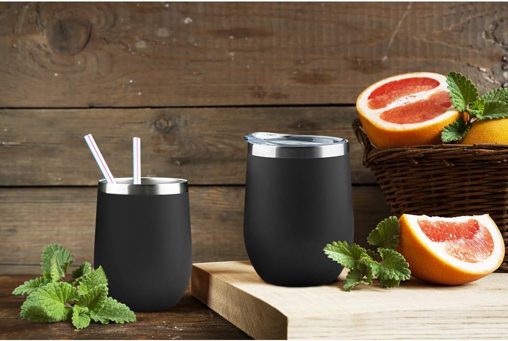 MEWAY 12oz/4 Pack Wine Tumbler Glasses with Lid - Stemless Double Wall Vacuum Stainless Steel Travel Tumbler - Keeping Cold & Hot for Wine,Coffee,Cocktails,Drinks-Family and Gifts (Black,Set of 4)