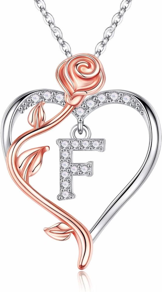 Iefil Rose Heart Necklaces Gifts for Women - 925 Sterling Silver Rose Heart Initial Necklace, Anniversary Birthday Gifts for Women, Jewelry Gift for Her Wife Girlfriend Mom Daughter
