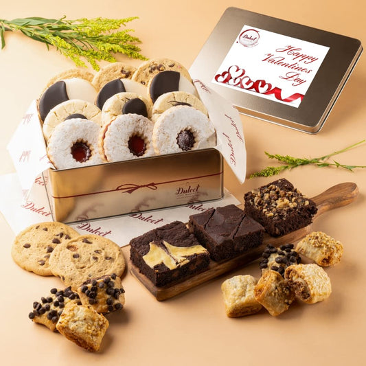Dulcet Gift Baskets Valentine’s Day Assortment Tin Box- Delicious Gourmet Confection Gift Set - Variety Of Freshly Baked Cookies, Brownies & Rugelah In Many Flavors- Handmade Baked Goods Gift Box