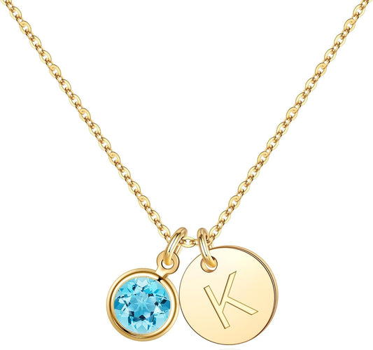 Hidepoo Initial Birthstone Necklace for Girl Women - 14K Gold Plated Disc Letter Necklace Personalized Gifts Jewelry Birthstone Initial Necklaces Birthday Gift for Female Teens Mom