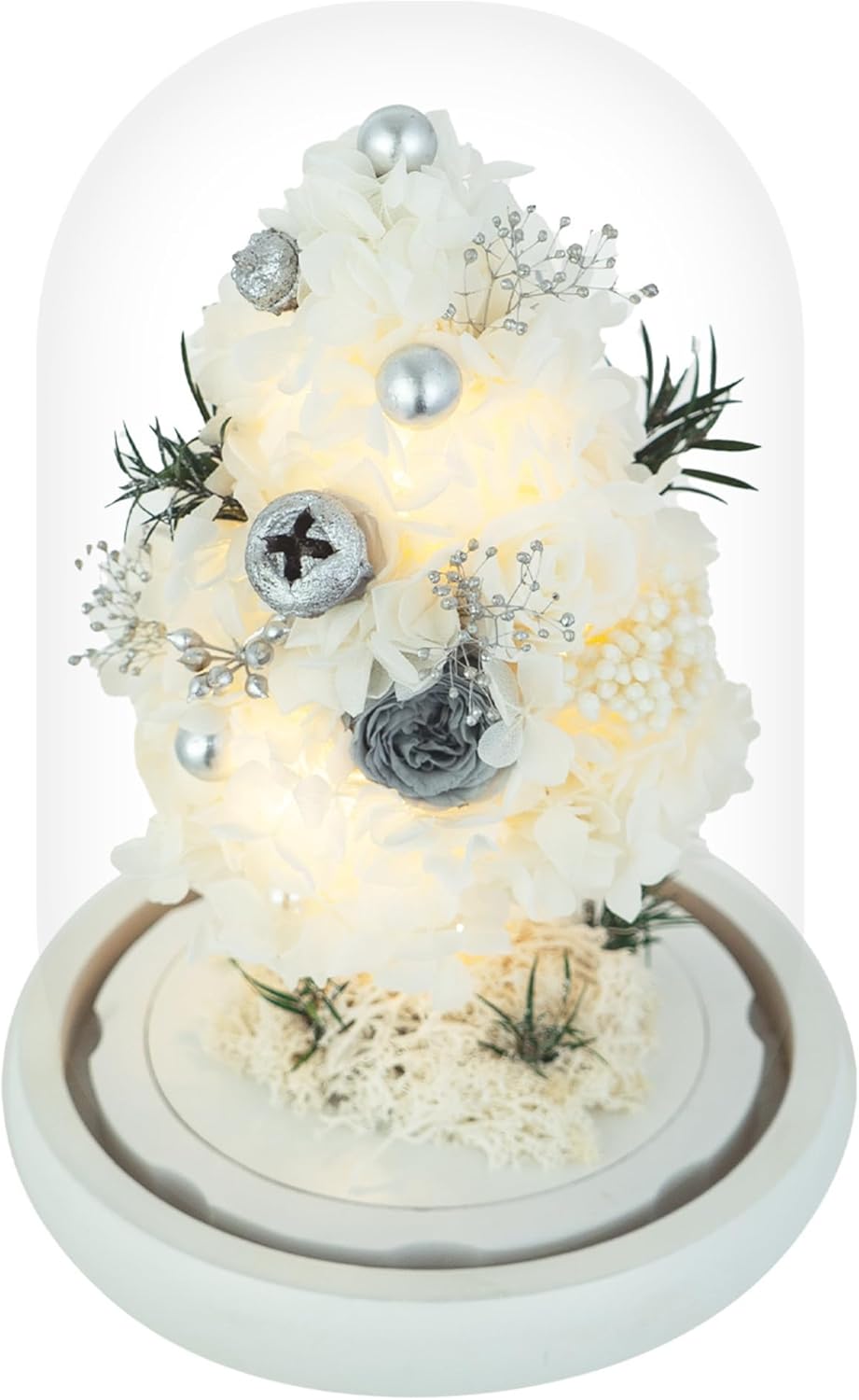 Mini Christmas Tree Preserved Flower in Glass Dome w/Light - Flowers Forever Christmas Table Decor, Long Lasting Eternal Flowers - Comes w/Thick Gift Box & Bow, Unique Gift - White