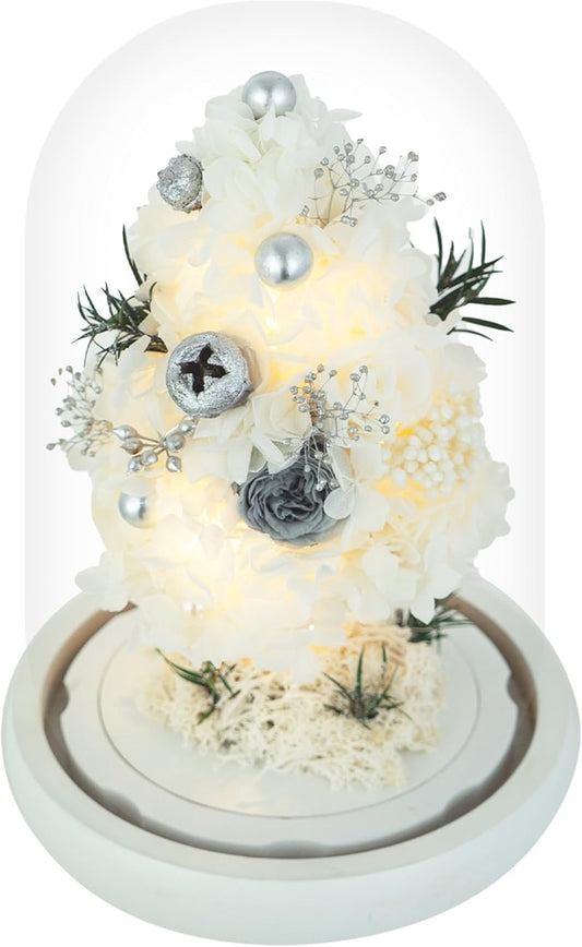 Mini Christmas Tree Preserved Flower in Glass Dome w/Light - Flowers Forever Christmas Table Decor, Long Lasting Eternal Flowers - Comes w/Thick Gift Box & Bow, Unique Gift - White