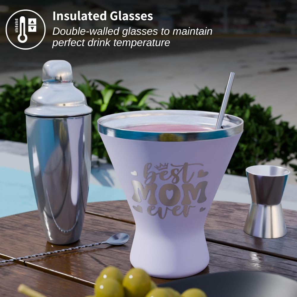 Mothers Day Gifts For Mom - Best Mom Ever Stainless Steel Martini Glass [Lilac, 10oz, Pack of 1] - Powder - Coated, Double Wall Margarita Cup - Birthday, Mother's Day, New Mom Gifts for Women