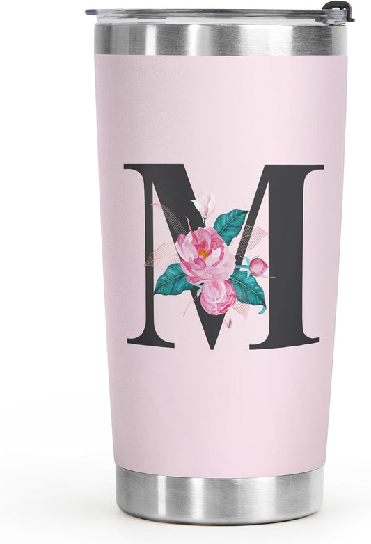 Shqiueos Initial Monogrammed Gifts for Women, 20 Oz Insulated Tumbler With Lid, Stainless Steel Vacuum Pink Cup, Personalized Christmas, Wedding, Birthday Gifts for Her Friends Mom Sister