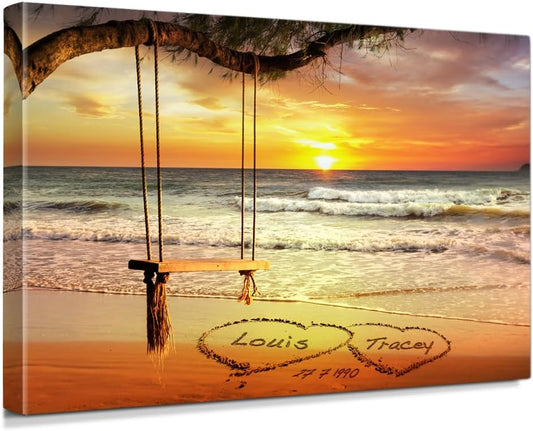 IPIC - "Eternal Love Personalized Canvas Wall Art, Custom Beach Sunset Scene with Names and Date in Sand, A Personalized Gift for Couple, Wedding, or Anniversary, Coastal Home Decor
