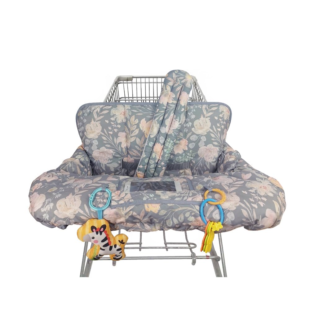 ICOPUCA Shopping Cart Cover for Baby, 2 in 1 cart Cover for Babies N high Chair Cover, Padded Grocery cart seat Cover for Baby Girl boy, with 1” Thick/Removable/Reversible Cushion, Flowers;