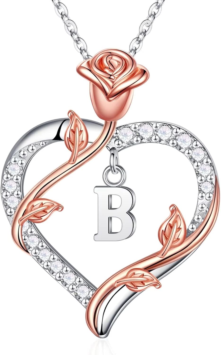 Iefil Rose Heart Necklaces Gifts for Women - 925 Sterling Silver Heart Initial Necklace, Anniversary Birthday Gifts for Women, Jewelry Gift for Wife Wife Girlfriend Mom